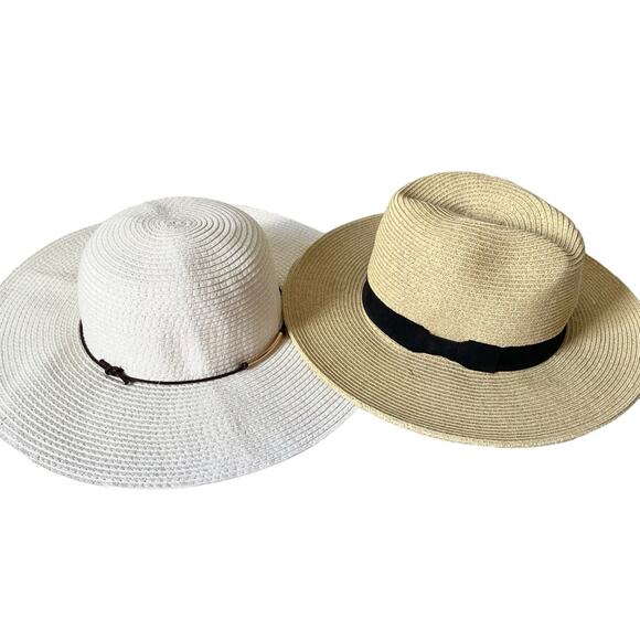 Set of 2 Bundle Beach Pool Sun Floppy Hats White Natural - Picture 1 of 7